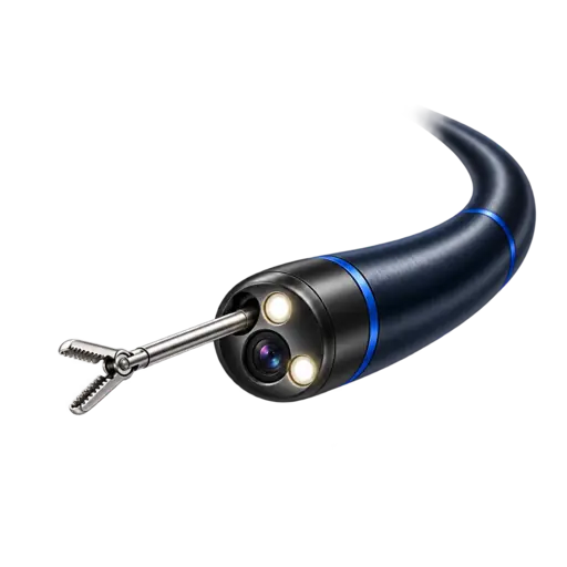 Ilustración 3D de una cámara de endoscopia con pinzas