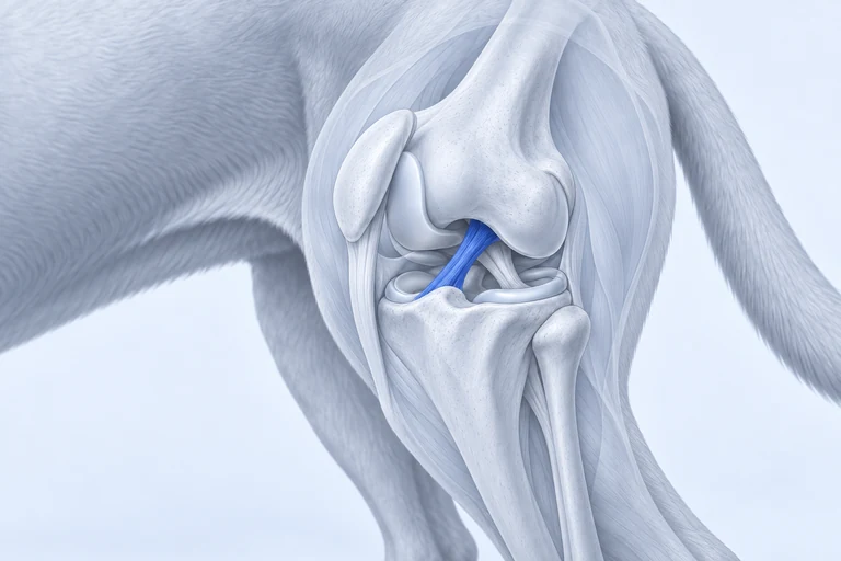 Ilustración de la articulación de una rodilla canina