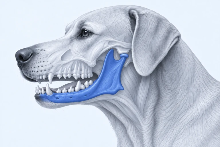 Ilustración de la cabeza de un perro con el hueso de la mandíbula resaltado en azul