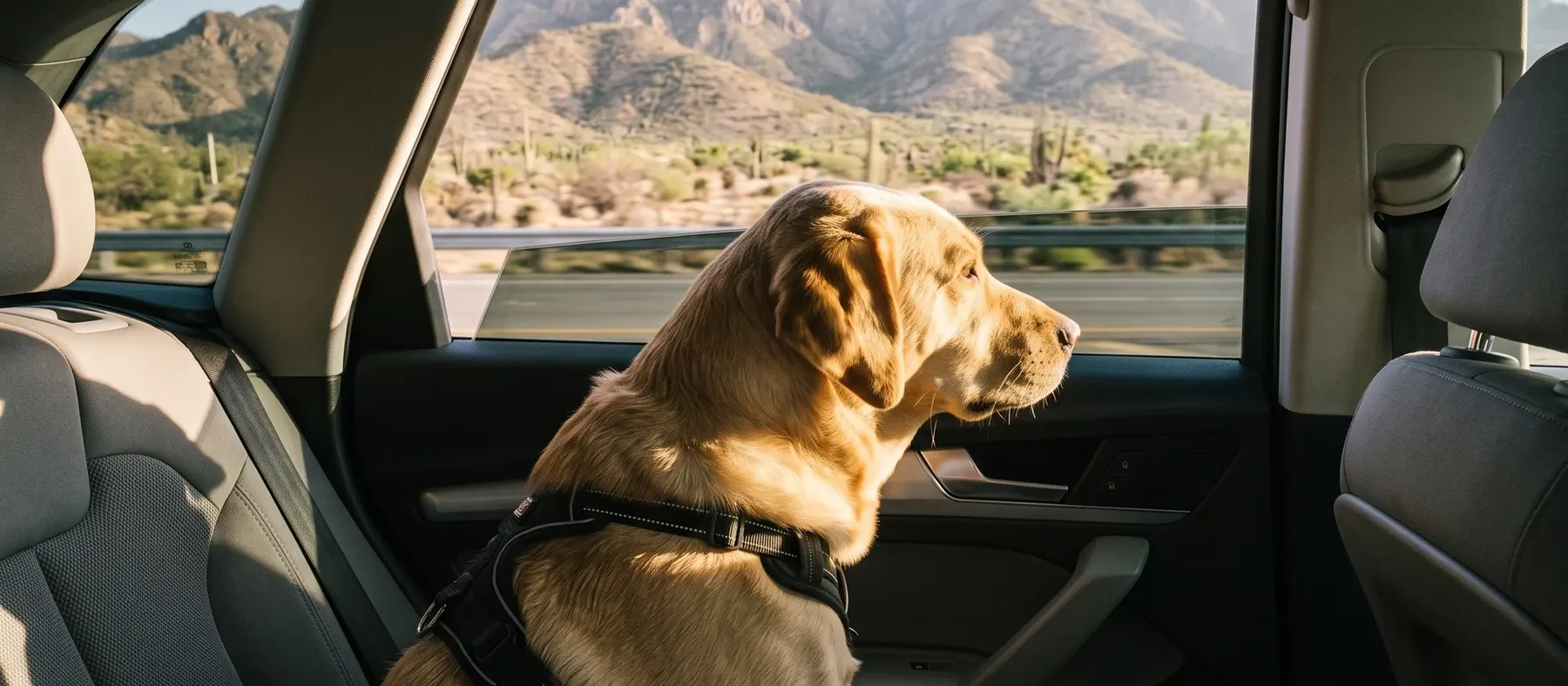 Perro con arnés en el asiento trasero de un automóvil durante un viaje